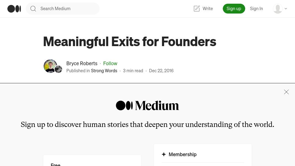 Screenshot of medium.com: Meaningful exits for founders (2016)