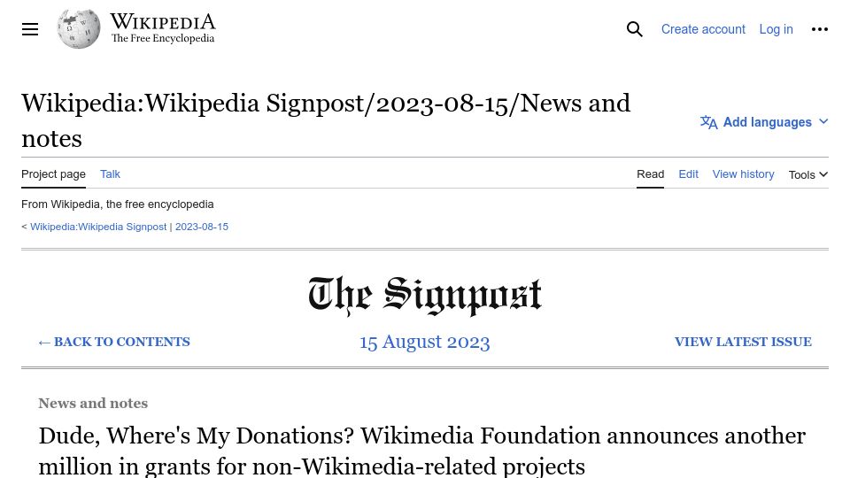 Screenshot of en.wikipedia.org: Dude,Where's My Donations? Wikimedia gives another $1M to non-Wikimedia projects