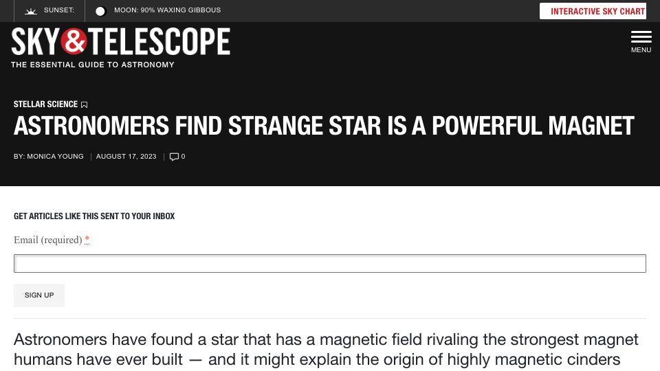 Screenshot of skyandtelescope.org: Astronomers Find Star Is a Powerful Magnet