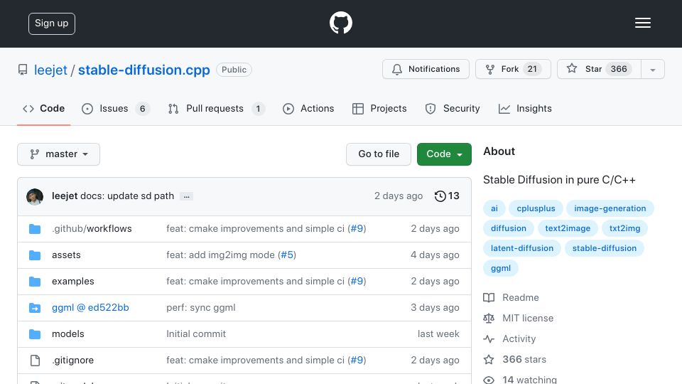 Screenshot of github.com: Stable Diffusion in C/C++