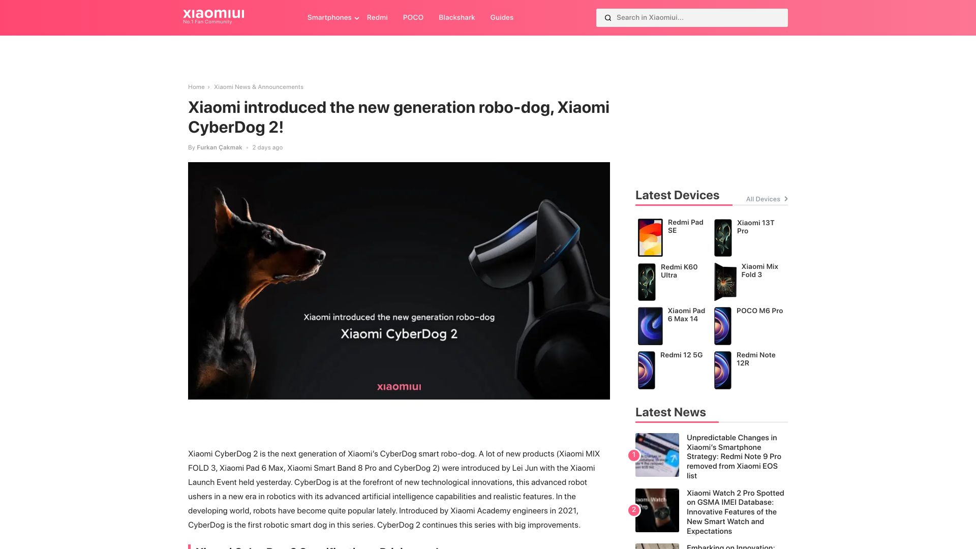 Screenshot of xiaomiui.net: Xiaomi CyberDog 2