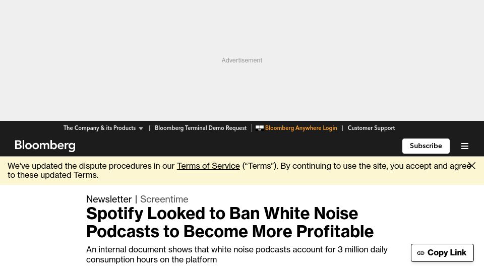 Screenshot of bloomberg.com: Spotify looked to ban white noise podcasts to become more profitable