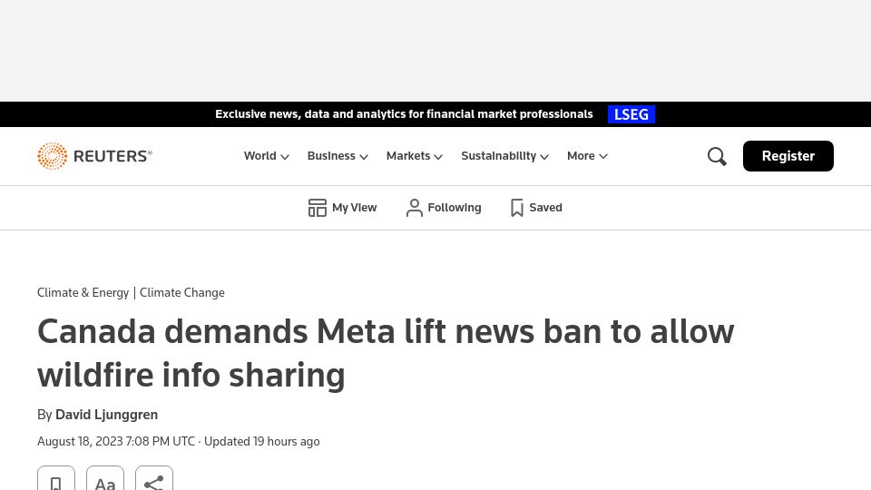 Screenshot of reuters.com: Facebook won't lift ban in Canada even for sharing wildfire info