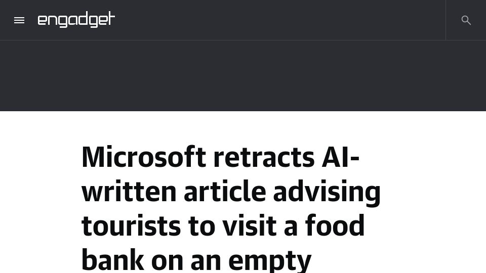 Screenshot of engadget.com: Microsoft retracts AI-written article advising tourists to visit a food bank