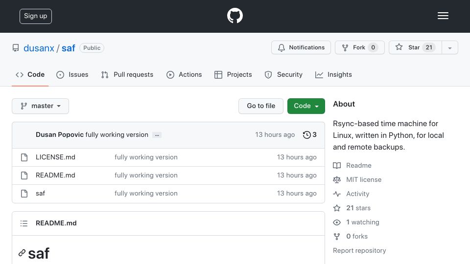 Screenshot of github.com: Show HN: Saf – simple, reliable, rsync-based, battle tested, rounded backup