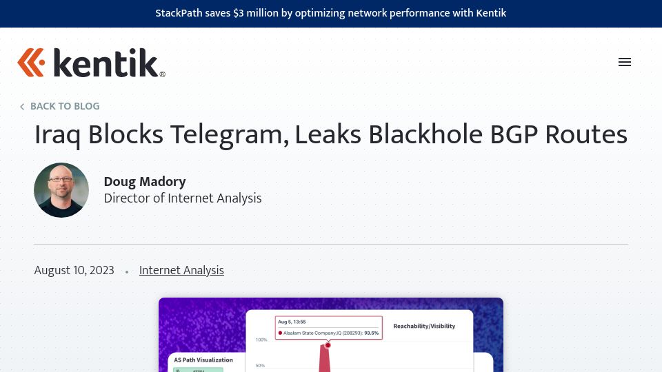 Screenshot of kentik.com: Iraq Blocks Telegram, Leaks Blackhole BGP Routes