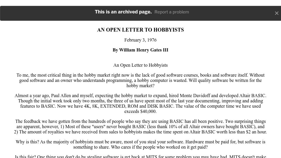 Screenshot of archive.nytimes.com: An Open Letter to Hobbyists (1976)