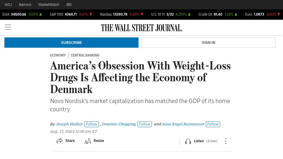 Screenshot of wsj.com: America’s Obsession with Weight-Loss Drugs Is Affecting the Economy of Denmark