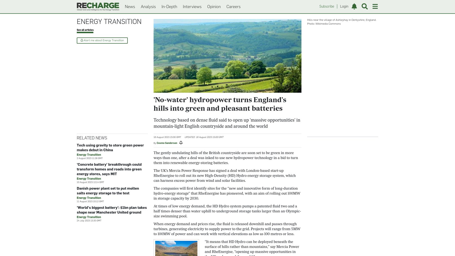 Screenshot of rechargenews.com: 'No-water' hydropower turns England's hills into green and pleasant batteries
