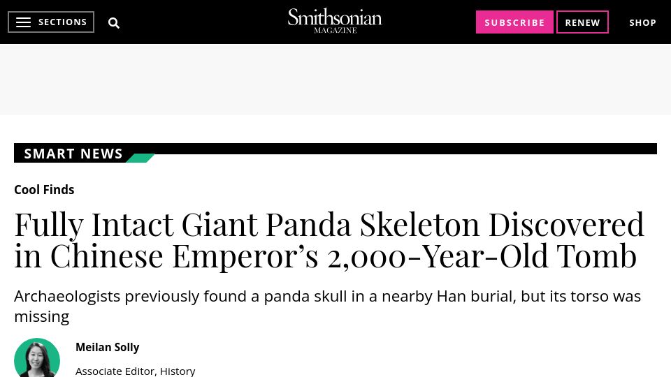 Screenshot of smithsonianmag.com: Intact Giant Panda Skeleton Discovered in Chinese Emperor’s 2k-Year-Old Tomb