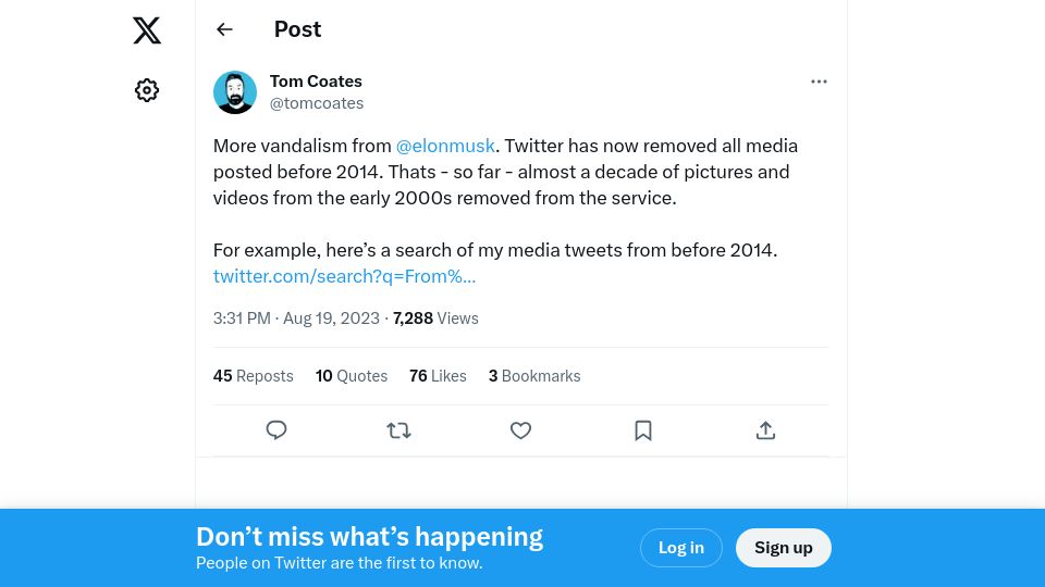 Screenshot of twitter.com: Twitter/X has removed all media posted before 2014
