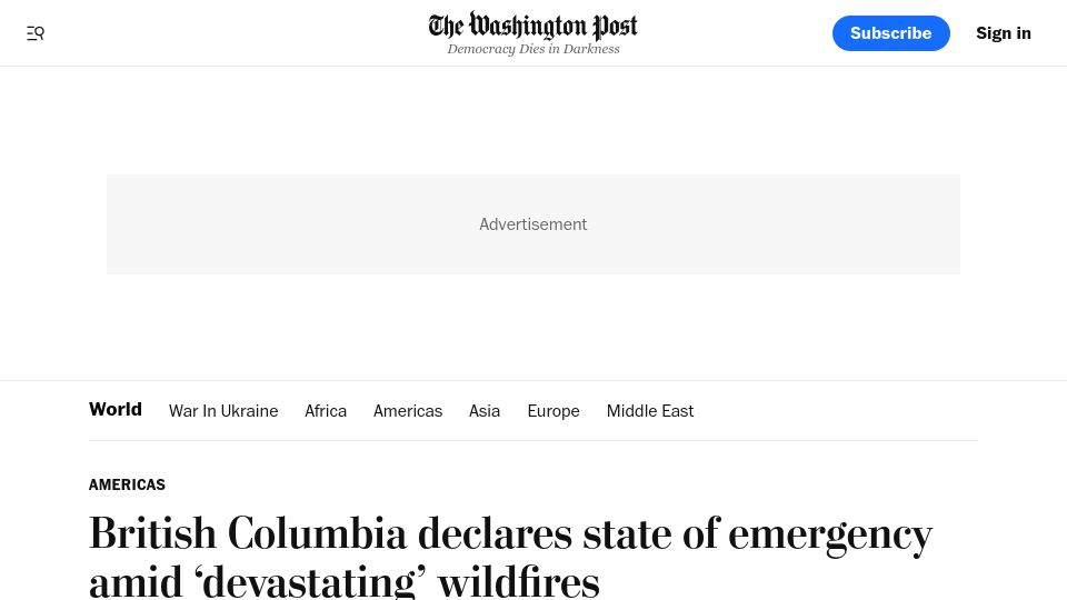 Screenshot of washingtonpost.com: British Columbia declares a state of emergency amid devastating wildfires