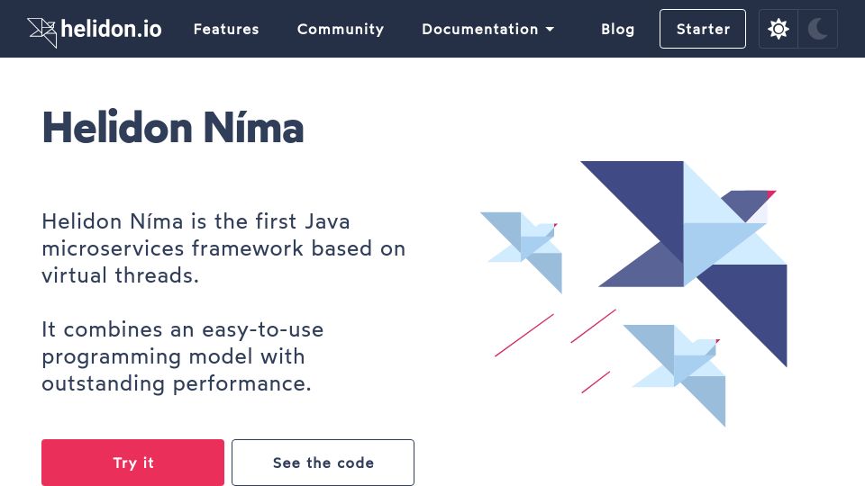 Screenshot of helidon.io: Helidon Níma: A Java microservices framework based on virtual threads