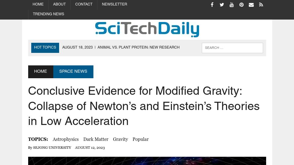 Screenshot of scitechdaily.com: Conclusive Evidence for Modified Gravity