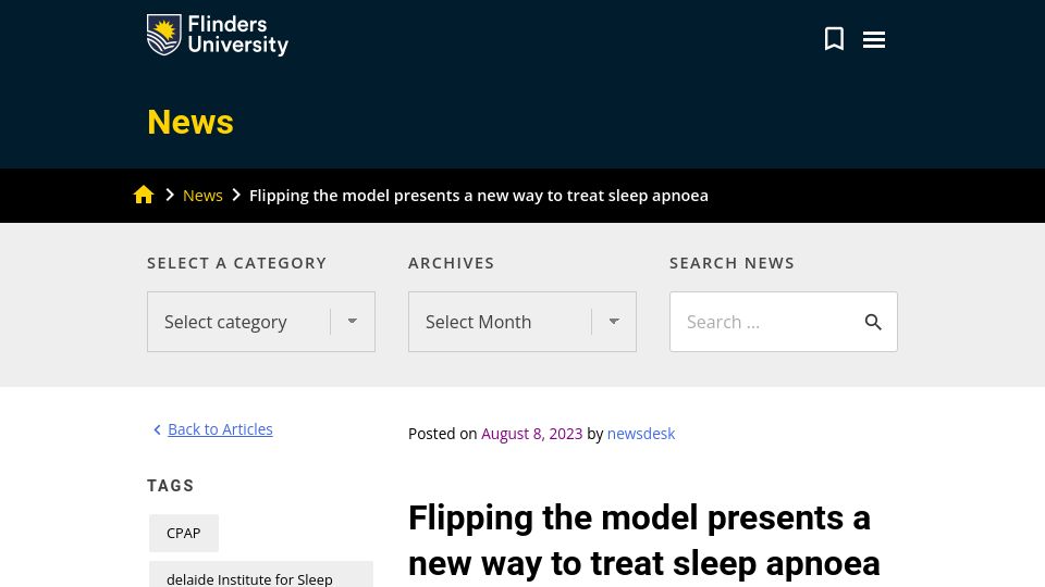 Screenshot of news.flinders.edu.au: Flipping the model presents a new way to treat sleep apnoea