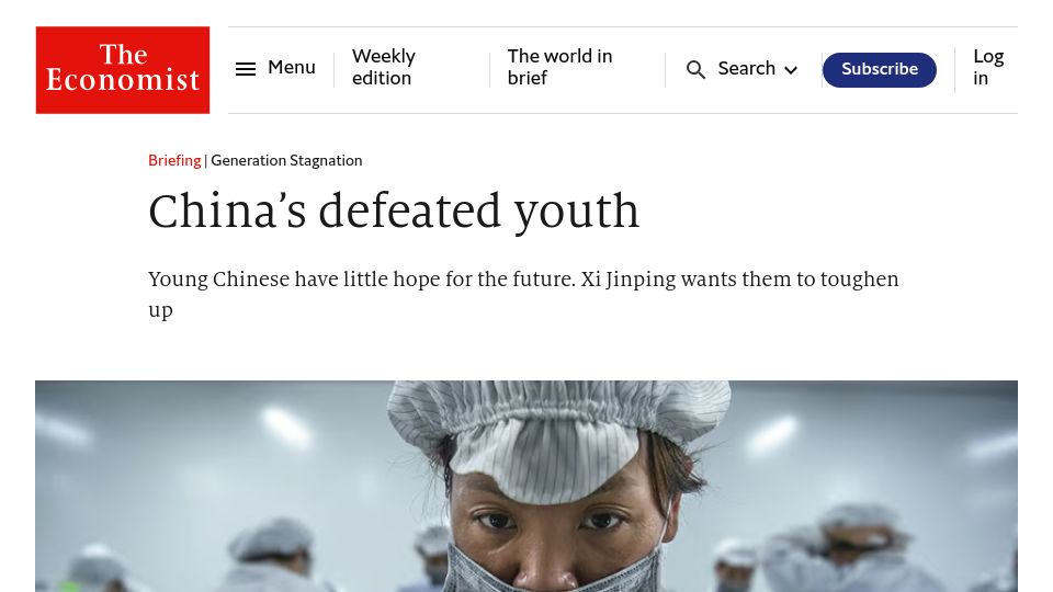 Screenshot of economist.com: China’s defeated youth: Young Chinese have little hope for the future
