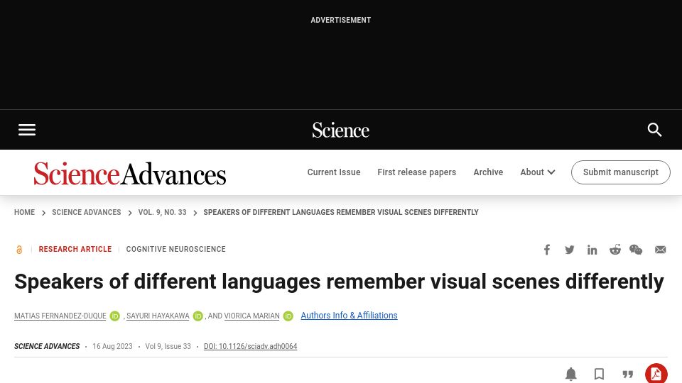 Screenshot of science.org: Speakers of different languages remember visual scenes differently