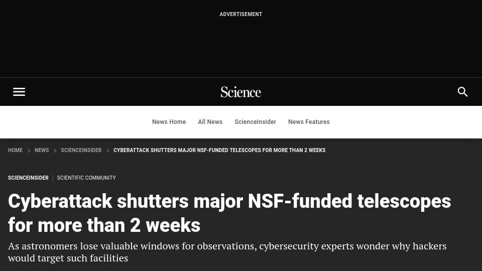 Screenshot of science.org: Cyberattack shutters major NSF-funded telescopes for more than 2 weeks