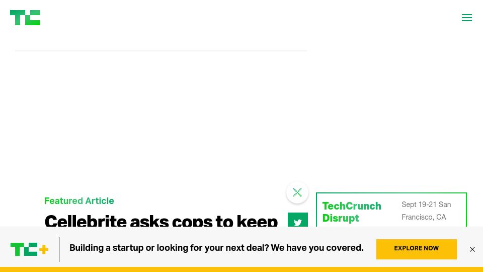 Screenshot of techcrunch.com: Cellebrite asks cops to keep its technology secret
