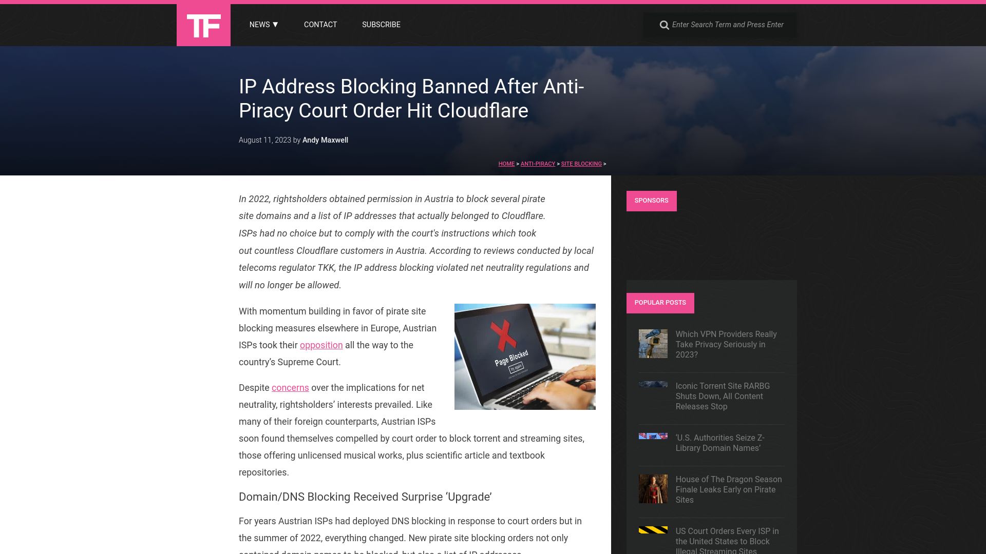 Screenshot of torrentfreak.com: IP address blocking banned after anti-piracy court order hit Cloudflare
