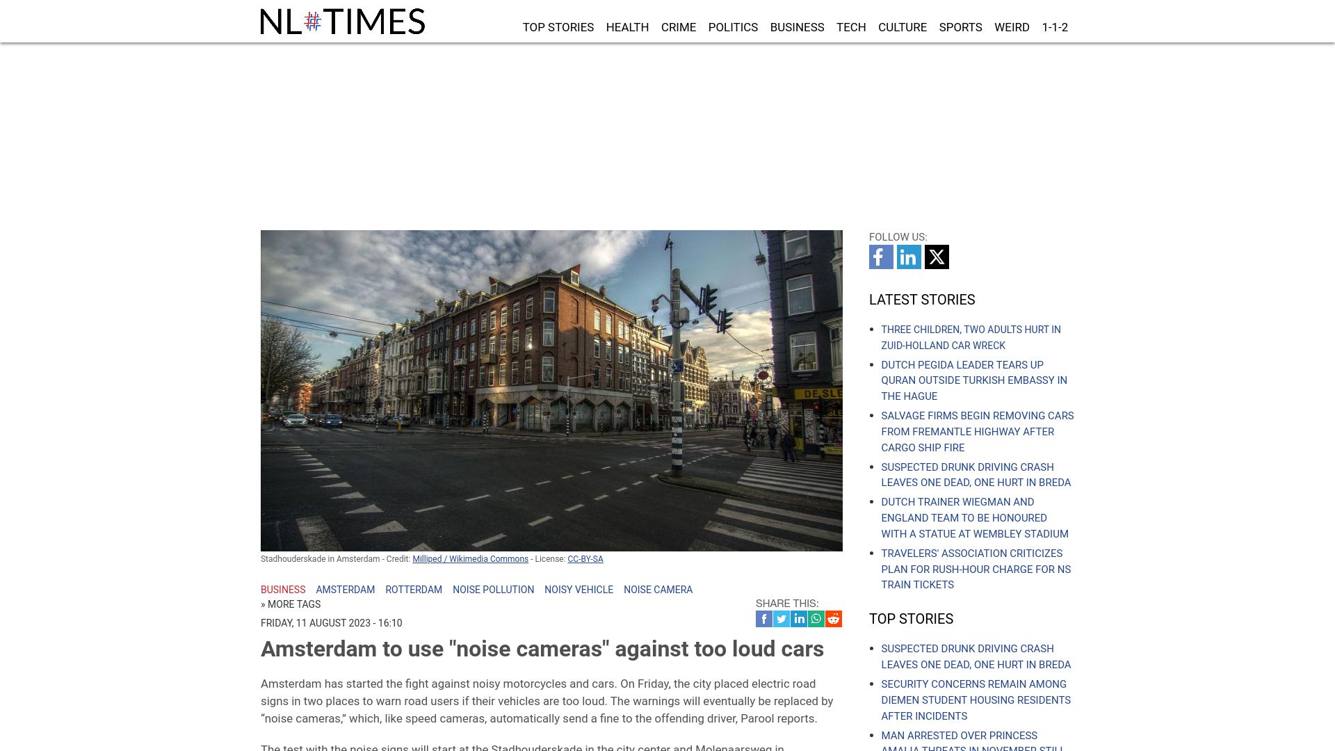 Screenshot of nltimes.nl: Amsterdam to use “noise cameras” against too loud cars
