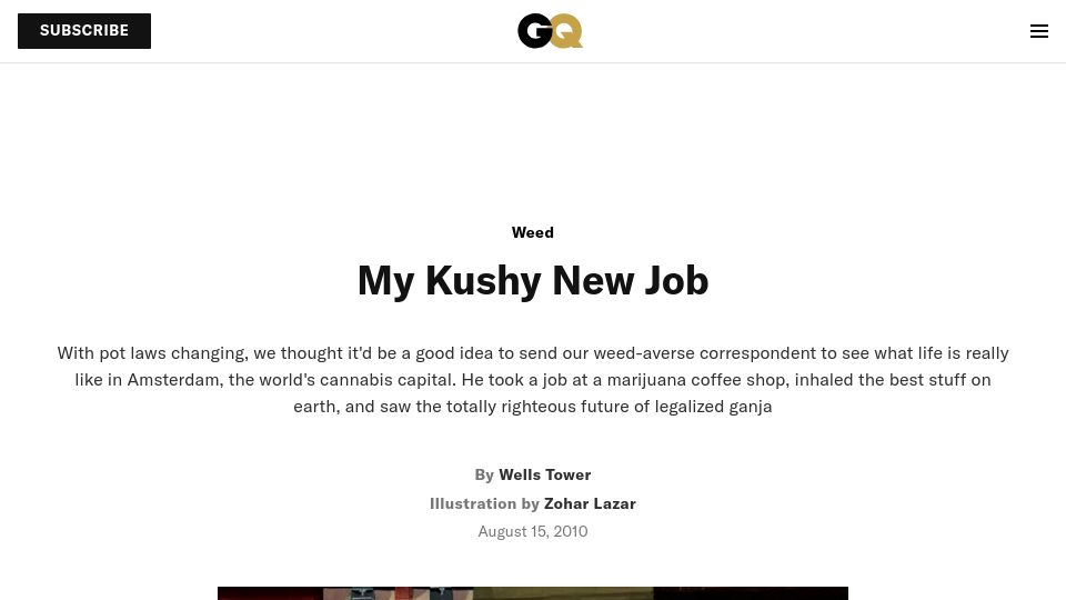 Screenshot of gq.com: My Kushy New Job (2010)