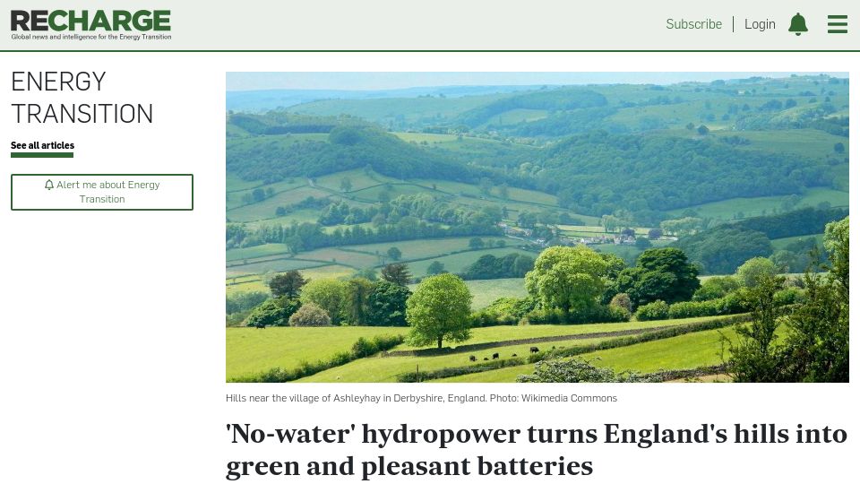 Screenshot of rechargenews.com: 'No-water' hydropower turns England's hills into green and pleasant batteries