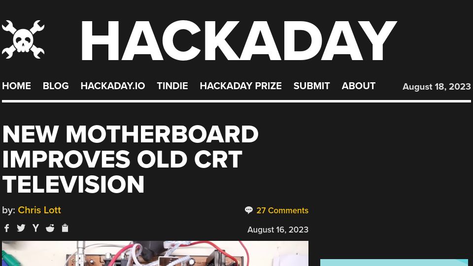 Screenshot of hackaday.com: New motherboard improves old CRT television