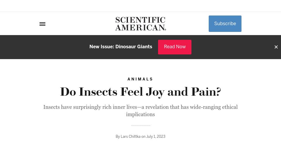 Screenshot of scientificamerican.com: Joys and pains of insects