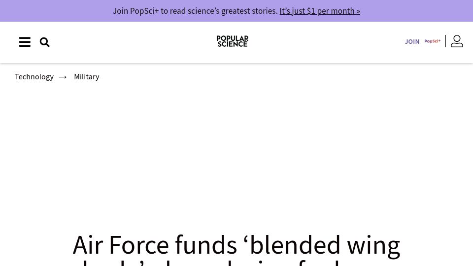 Screenshot of popsci.com: Air Force funds ‘blended wing body’ design for long-range, fuel-efficient flight