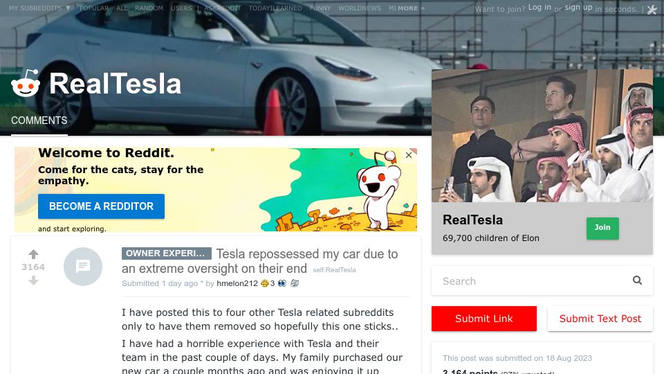 Screenshot of old.reddit.com: Tesla repossessed my car due to an extreme oversight on their end