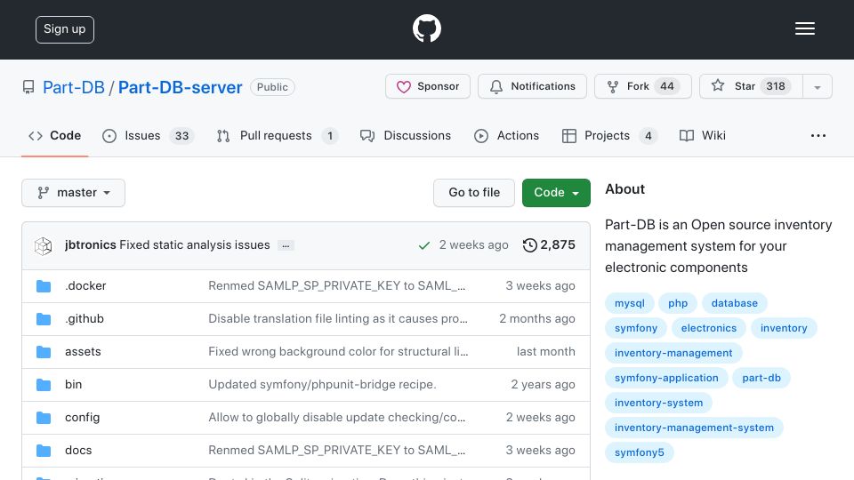 Screenshot of github.com: Part-DB: open-source inventory management system for your electronic components