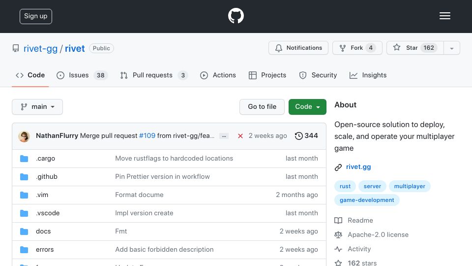 Screenshot of github.com: Show HN: Rivet – Open-source game server management with Nomad and Rust