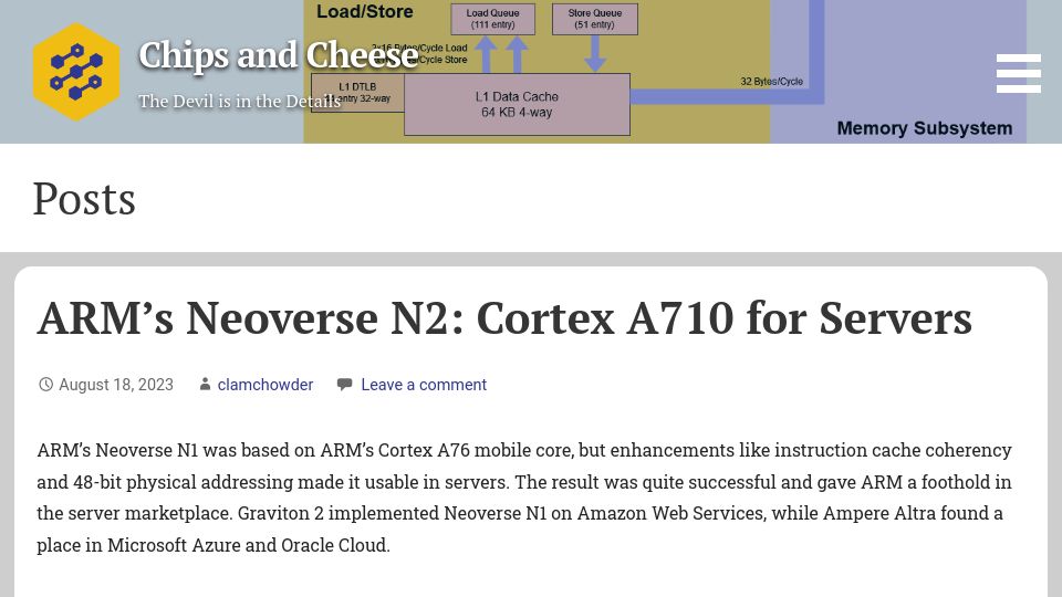 Screenshot of chipsandcheese.com: ARM’s Neoverse N2: Cortex A710 for Servers