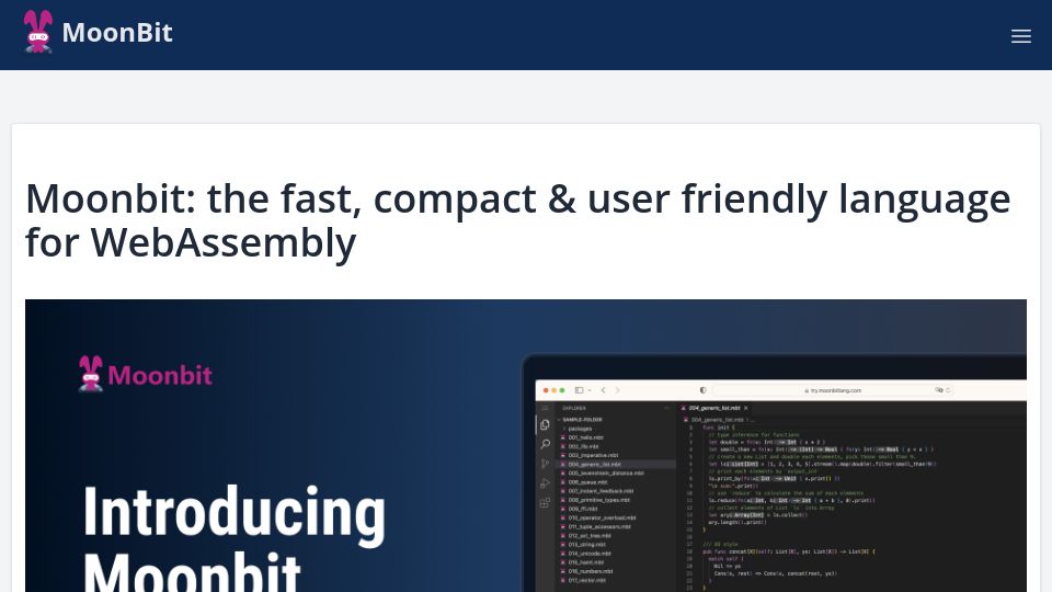 Screenshot of moonbitlang.com: Moonbit: Fast, compact and user friendly language for WebAssembly