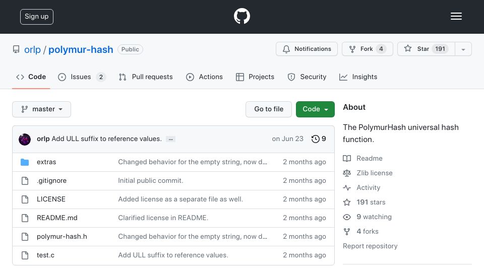 Screenshot of github.com: The PolymurHash universal hash function