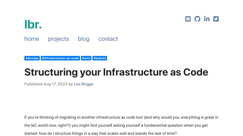 Screenshot of leebriggs.co.uk: Structuring Your Infrastructure as Code
