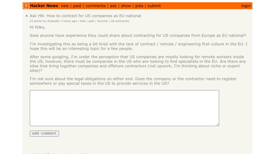 Screenshot of Hacker News post: Ask HN: How to contract for US companies as EU national