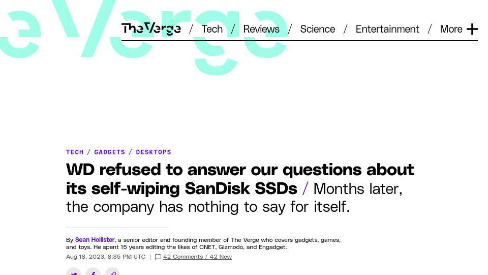 Screenshot of theverge.com: WD refused to answer our questions about its self-wiping SanDisk SSDs