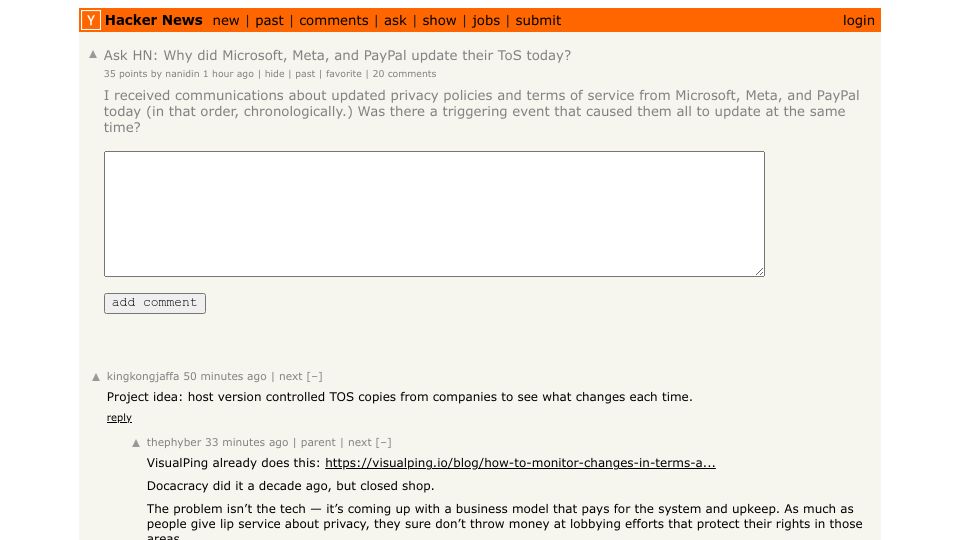 Screenshot of Hacker News post: Ask HN: Why did Microsoft, Meta, and PayPal update their ToS today?