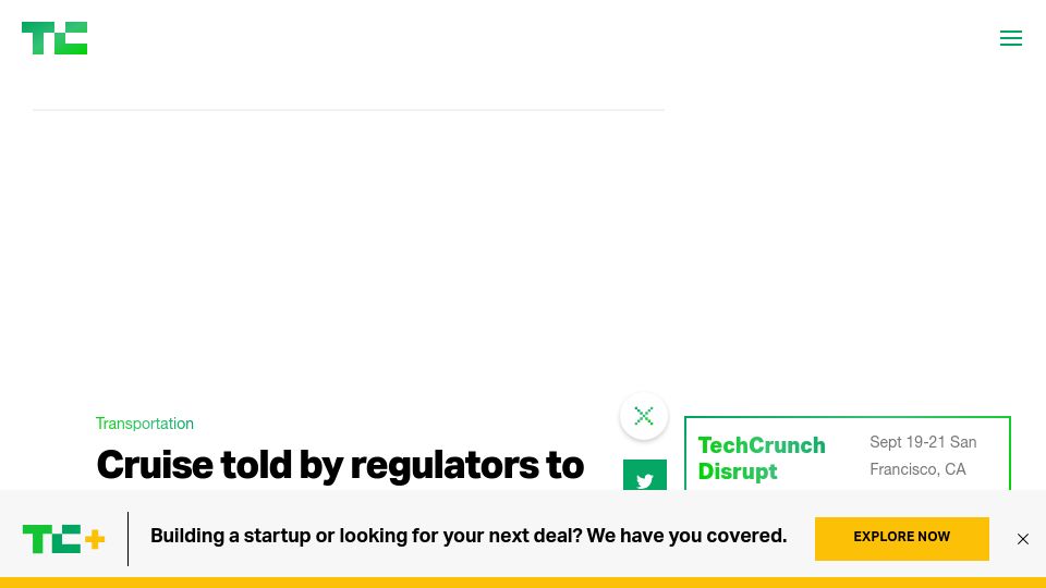 Screenshot of techcrunch.com: Cruise told by CA DMV to reduce robotaxi fleet 50% following crash