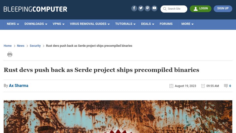 Screenshot of bleepingcomputer.com: Rust devs push back as Serde project ships precompiled binaries