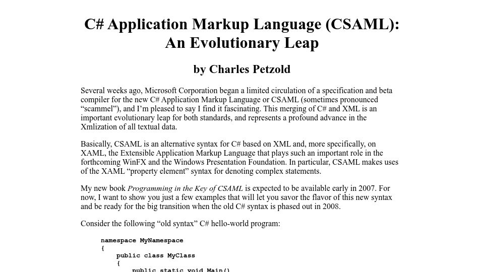 Screenshot of charlespetzold.com: C# Application Markup Language (Csaml): A Preview (2006)