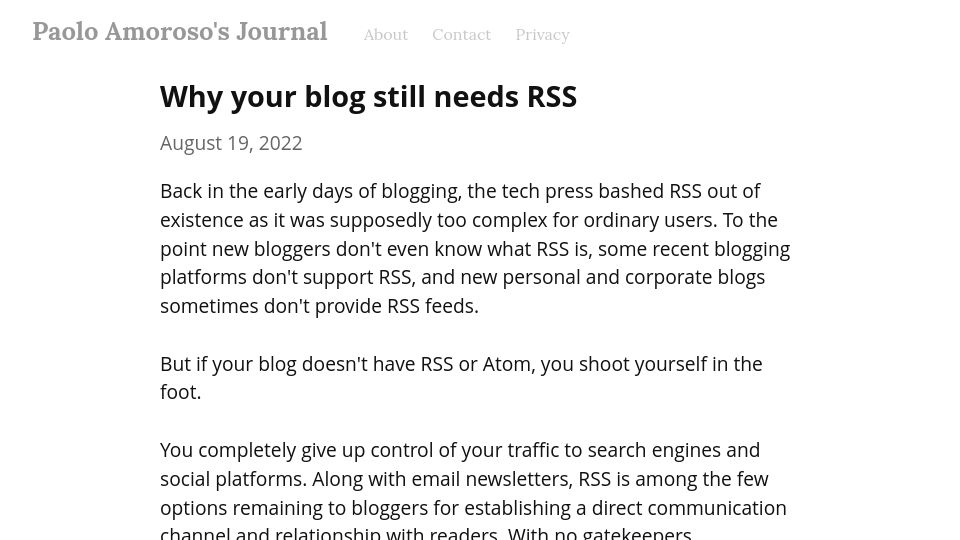 Screenshot of journal.paoloamoroso.com: Why your blog still needs RSS
