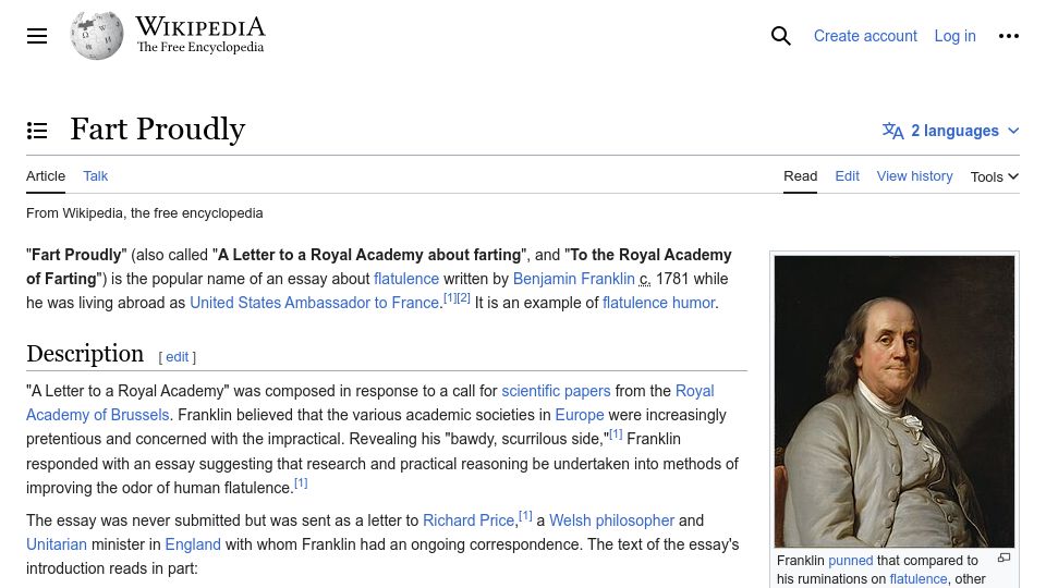 Screenshot of en.wikipedia.org: Fart Proudly (c. 1781)