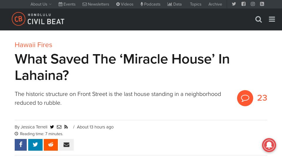 Screenshot of civilbeat.org: What saved the ‘miracle house’ in Lahaina?