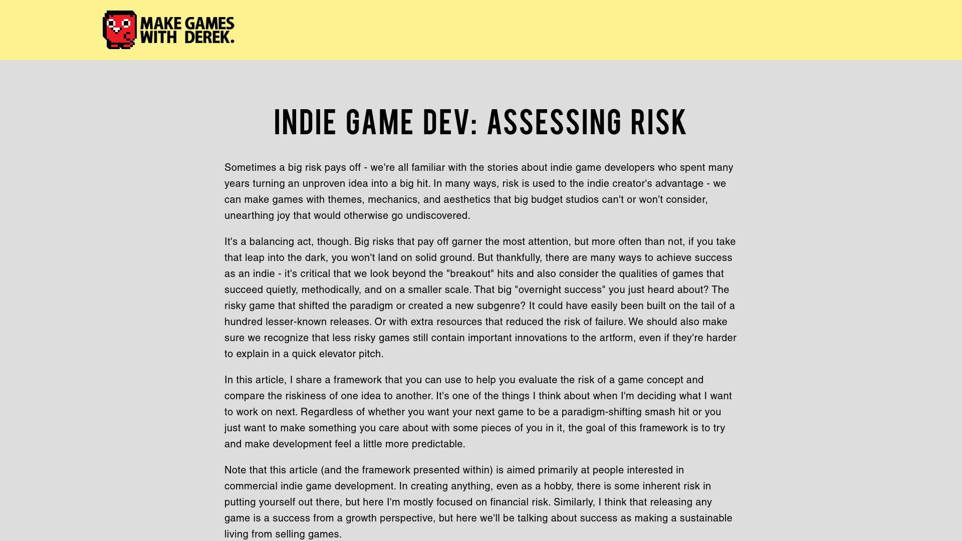 Screenshot of derekyu.com: Indie Game Dev: Assessing Risk