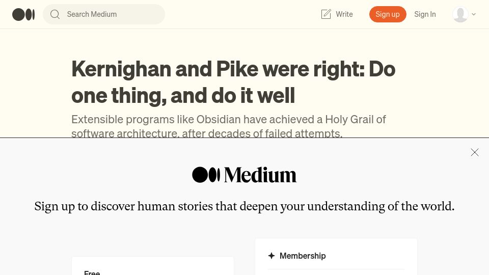 Screenshot of medium.com: Kernighan and Pike were right: Do one thing, and do it well
