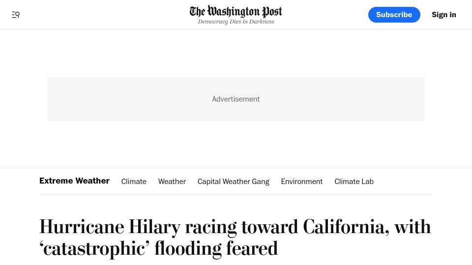 Screenshot of washingtonpost.com: First hurricane to hit California in 84 years
