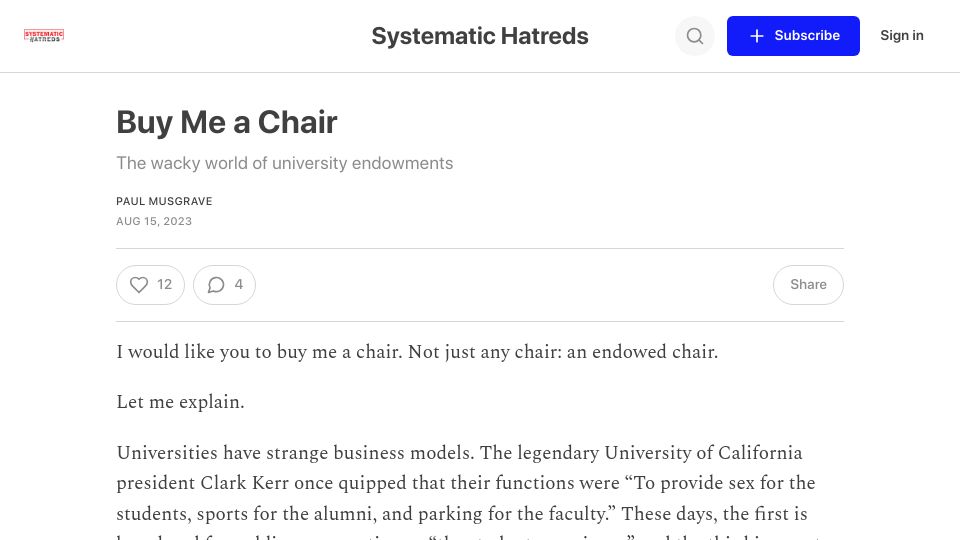 Screenshot of musgrave.substack.com: Buy Me a Chair: The wacky world of university endowments